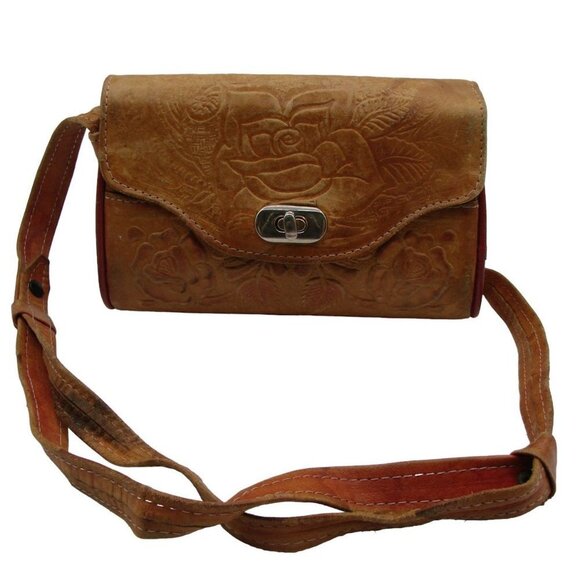 Vintage Mexico Tooled Leather Calf Hair Crossbody Clutch Purse Floral Turn Lock